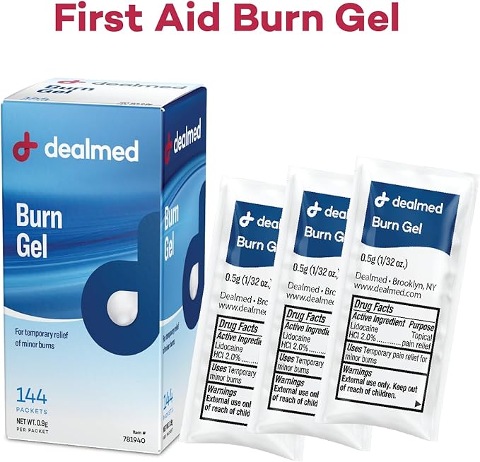 Dealmed First Aid Burn Gel – First Aid Gel for Temporary Relief of Minor Burns, Cuts, and Scrapes, 144 Packets/Box (.5g) - Pack of 1