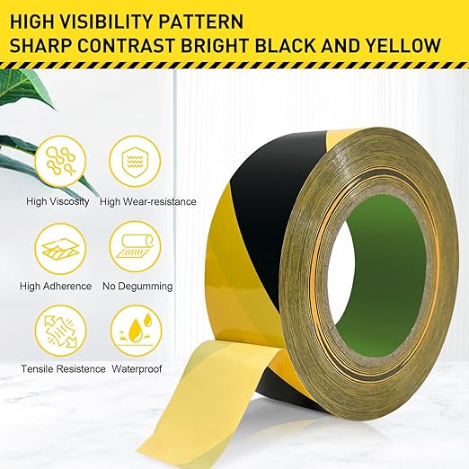 328 FT Black & Yellow Hazard Tape Warning Safety Stripe Tape for Floor Marking,Strong Adhesive Wear Resistance Warterproof Caution Tape Roll Ideal for Walls, Floors, Pipes and Equipment