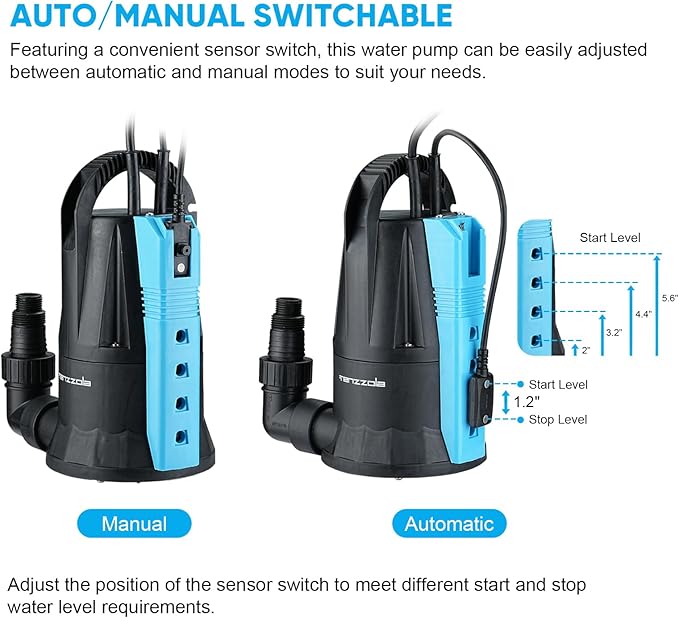 Sump Pump, 1/3 HP 1850GPH Automatic Submersible Utility Water Pump, Portable Electric Low Level Drain Water Removal Pump with Sensor Switch for Swimming Pool Basement Garden Pond Draining