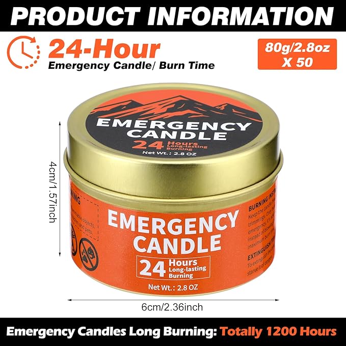Chuarry 50 Pcs Emergency Candle Bulk 24 Hours Long Burning Survival Soy Wax Candles for Power Outages Camping Hunting Outdoor Activities (Orange)