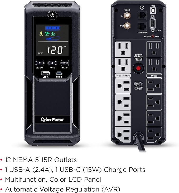 CyberPower CP1350AVRLCD3 Intelligent LCD UPS System, 1350VA/815W, 12 Outlets, 2 USB Ports, AVR, Mini Tower, Black