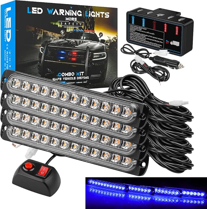 7 Inch LED Warning Safety Flashing Beacon Lights Kit, 4Pcs 12 LEDs Strobe Light Flashing Warning for All 12V-24V Vehicle off-road Truck SUV ATV Forklift Tractor Fire Engine (Blue)