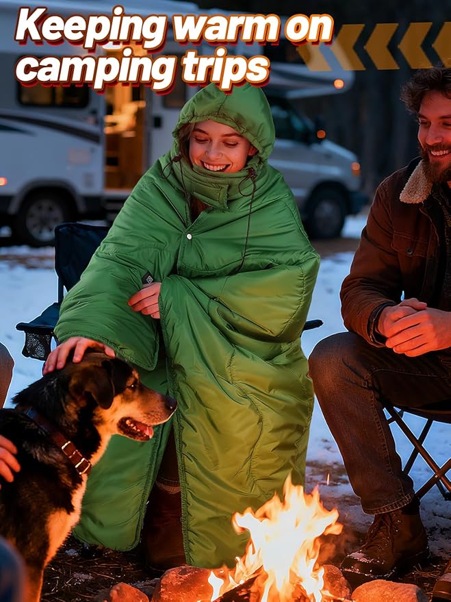 Apipi 4.5x6ft Outdoor Heated Blanket Battery Operated - Rainproof Windproof Stadium Camping Blanket with Removable Hood, Warm Travel Shawl Winter Camping Gear Essentials (USB Powered)