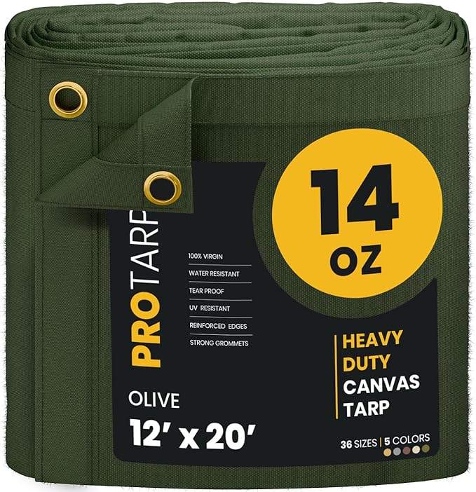 PROTARP Heavy Duty 14 OZ Water Resistant Canvas Tarp, UV Resistant Tarpaulin Cover with Rustproof Brass Grommets, Multipurpose for Canopy, Roof, Camping, Woodpile (Olive 12'X20')