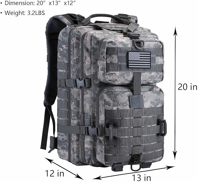 MOLLE Assault Backpack, Tactical Backpack Army Military Camping Rucksack, 3-Day Pack Travel Trip w/USA Flag Patch, D-Rings, ACU Camo