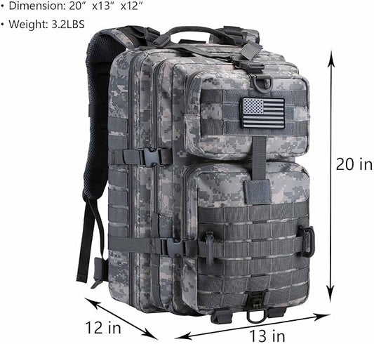 MOLLE Assault Backpack, Tactical Backpack Army Military Camping Rucksack, 3-Day Pack Travel Trip w/USA Flag Patch, D-Rings, ACU Camo