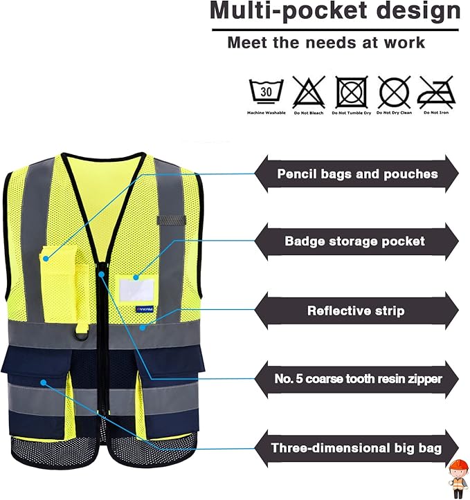 A-SAFETY High Visibility Safety Vest with 4 Reflective Strips 7 Pockets,Yellow&Navy X-Small