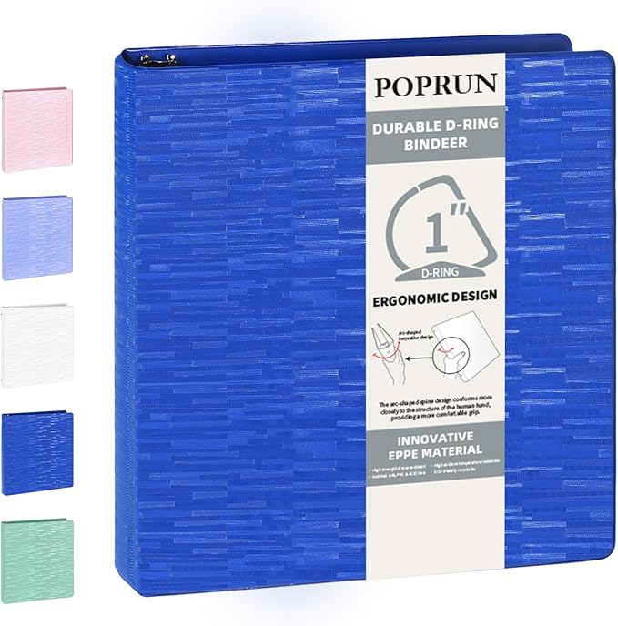 POPRUN 3 D Ring Binder 1 Inch, PVC-Free, Holds 225 Sheets of 8.5 x 11 Paper, Extra Durable Organizer with 2 Pockets for School & Office, Heavy-Duty, 1 Pack, Prussian Blue