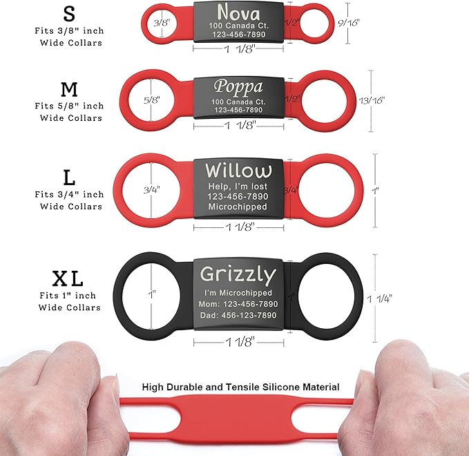 Anavia Slide On Silent Pet ID Tags, S/M/L/XL Personalized Black Stainless Steel Colored Silicone Cat Dog Name Tag, Customized Engraved Nameplate, Quiet Chew-Proof Pet Collar Tag (Red, X-Large)
