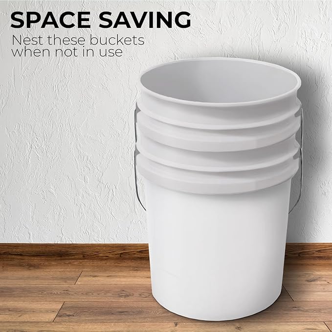 6.5-Gallon White Bucket Pail Container with Lid | Food Grade | Heavy-Duty 90MIL Extra Durable | Metal Handles with Plastic Grip for Easy Carrying | Multi-Use | Easy Stack and Store | BPA Free - 2 Pack