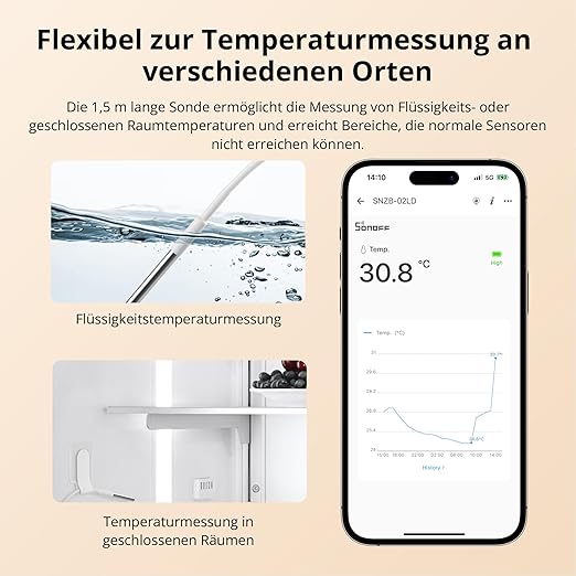 SONOFF SNZB-02LD Zigbee Waterproof Temperature Sensor with 1.5M Stainless Steel Probe, LCD Display, -40~115°C Range, APP Monitoring, Magnetic Mount, Works with Zigbee Hub