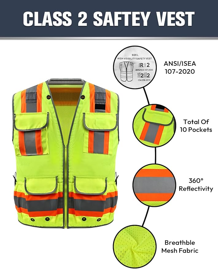 Safety Vest, Hi Vis Vests with Pockets, Class 2 High Visibility Vests,Construction Surveyor Work Vest for Men Women