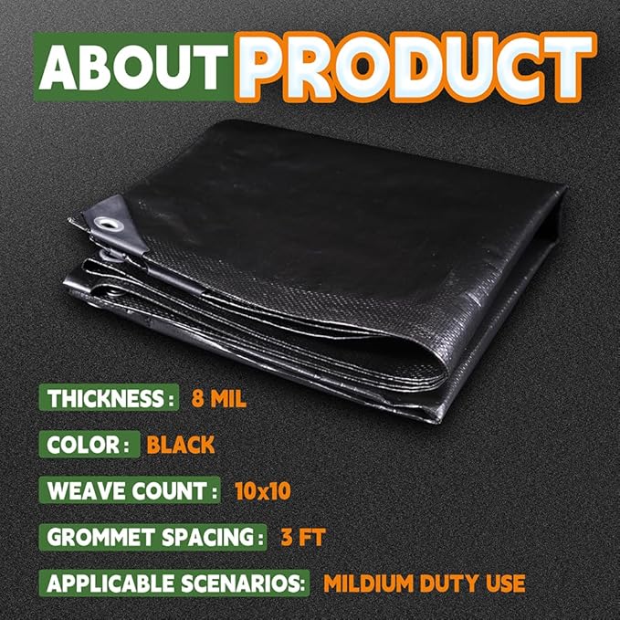 RAINDEWAY Large Tarp 30x50, 8 Mil Thick, Black Tarps Heavy Duty Waterproof, UV Resistant, Cover with Metal Grommets and Reinforced Edges, Finished Size