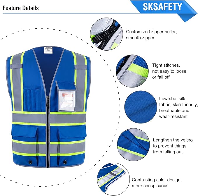SKSAFETY 10 Pockets Safety Vest, Class 2 High Visibility Security with Zipper, Hi Vis Vest with Reflective Strips, ANSI/ISEA Standard, Construction Work Vest for Men ＆ Women （Blue, M）