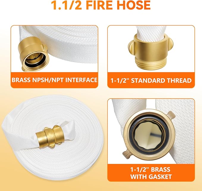 Upgraded Fire Hose 100 FT x 1-1/2" ID, M × F, NPSH/NPT Brass Couplings, Working Pressure 430 PSI, Burst Pressure 1300 PSI, Indoor Fire, Home, Garden Fire Hose Irrigation