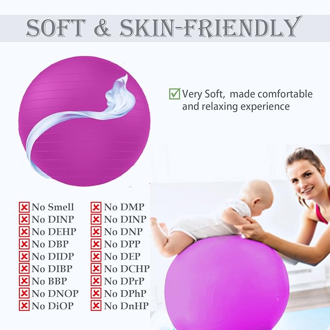Soft Exercise ball, Anti-Burst Yoga Ball Chair Supports 2200lbs, Workout Equipment w/ Pump for Pregnancy Medicine Birthing Physical Therapy Stability Excersing Birth Swiss Fitness Gym Physio Labor Abs