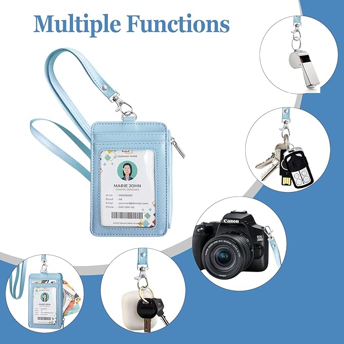 Bolimoss 2-in-1 ID Badge Holder & Lanyard Wallet, Credit Card Holders with Breakaway Neck Lanyard, Leather ID Name Badge 5 Card Slots Zipper Purses for Offices, School, Driver Licence, Baby Blue