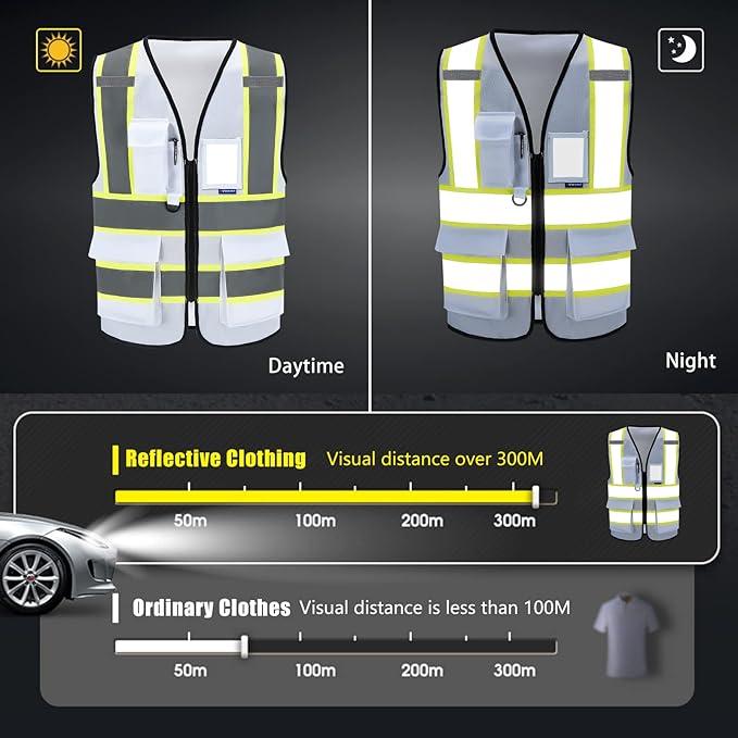 AYKRM Security Vest for Men Women 7 Pockets High Visibility Reflective Safety Vest Front Zipper Meets ANSI/ISEA