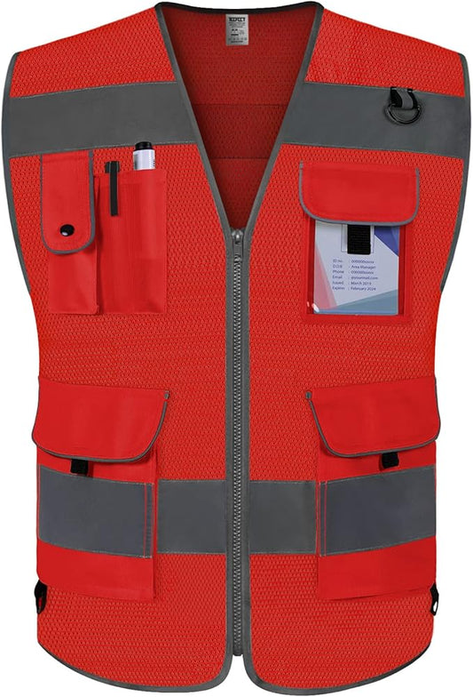 TCCFCCT Mesh Safety Vest for Men Women 9 Pockets High Visibility Reflective Vest for Safety, Work Vest with Reflective Strips, Meets ANSI/ISEA Standards, (Red, X-Large)