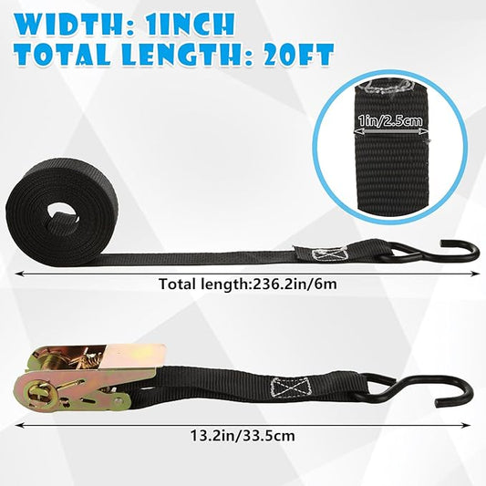 6 Pcs 1 Inch Ratchet Straps Heavy Duty 20ft Tie Down Strap Ratchet with Hooks, 2200 LBS Break Strength, Black Cargo Ratchet Straps for Motorcycle Straps Tie Downs, Appliances, Equipment