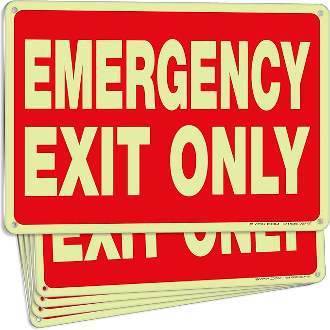 iSYFIX Emergency Exit Only Signs – 5 Pack 10x7 Inch – 100% Rust Free .040 Aluminum Signs, Glow in the Dark Laminated for Ultimate UV, Weather, Scratch, Water and Fade Resistance, Indoor and Outdoor