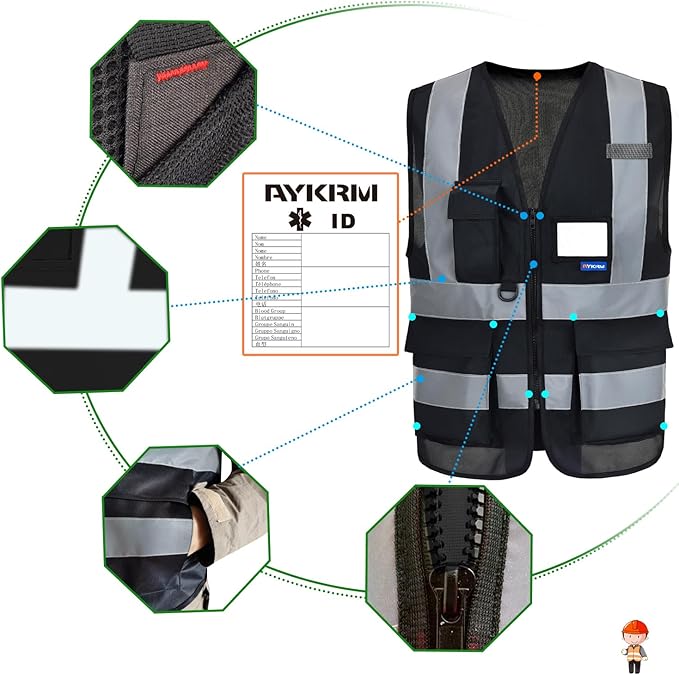 Reflective Security Safety Vests Heavy Duty with 7 Pockets and Front Zipper