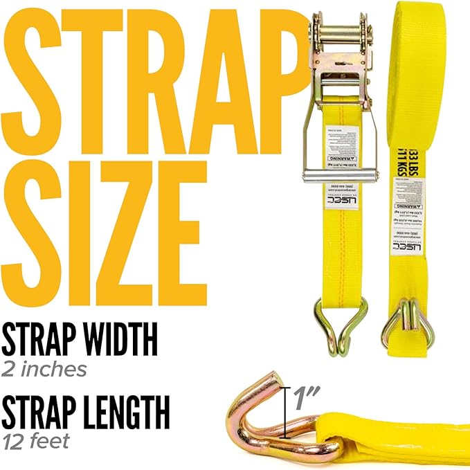 US Cargo Control Wire Hook Ratchet Strap 2 Inch x 12 Foot, 10,000 LBS Break Strength, Ratchet Straps Heavy Duty with Double J Hooks, Cargo Tie Downs for Flatbed Trailers and Trucks