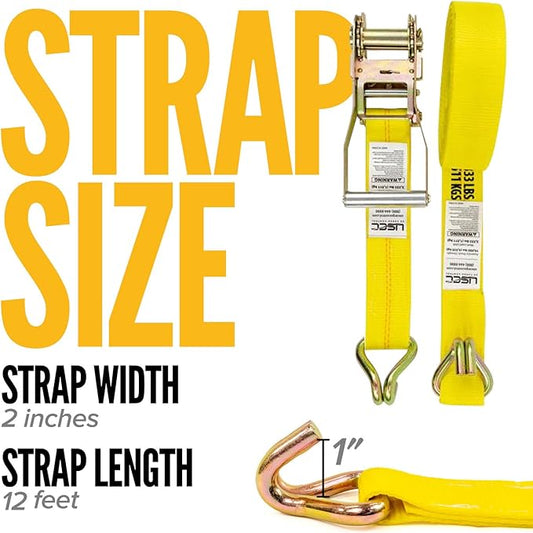 US Cargo Control Wire Hook Ratchet Straps 2 Inch x 12 Foot (14-Pack), 10,000 LBS Break Strength, Ratchet Straps Heavy Duty with Double J Hooks, Cargo Tie Downs for Flatbed Trailers and Trucks