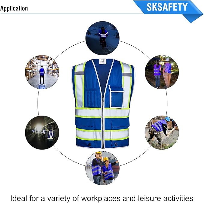 SKSAFETY 10 Pockets Safety Vest, Class 2 High Visibility Security with Zipper, Hi Vis Vest with Reflective Strips, ANSI/ISEA Standard, Construction Work Vest for Men ＆ Women （Blue, XL）