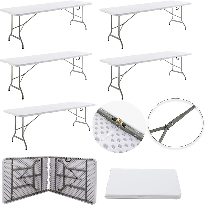 BTEXPERT Set of 5, 8-Foot - 96" Long White Plastic Folding Table Portable 30" Wide, 29" High, Indoor Outdoor Events Banquet Dining Party Patio