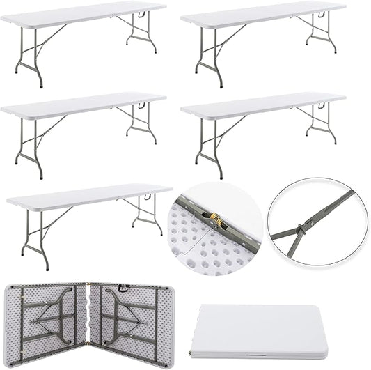 BTEXPERT Set of 5, 8-Foot - 96" Long White Plastic Folding Table Portable 30" Wide, 29" High, Indoor Outdoor Events Banquet Dining Party Patio