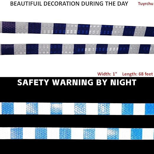 Reflective Tape Blue White 1 Inch x 68 Feet, Outdoor Waterproof Warning Reflector, Night Safety Stickers for Vehicles