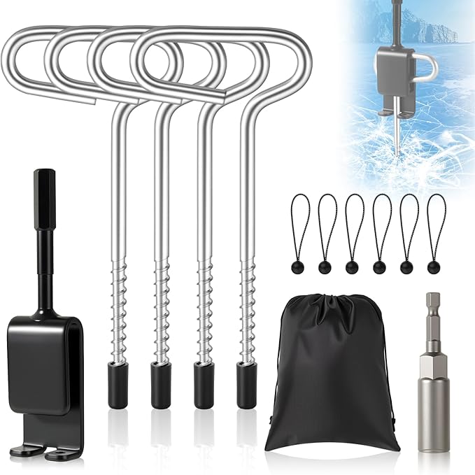 Ice Anchor Drill Adapter Kit, 13Pcs Ice Fishing Anchors Tool for Shelter Tent Shanty, with Reducing Sleeve, Bungee Cord Balls & Carry Bag for Easy Setup