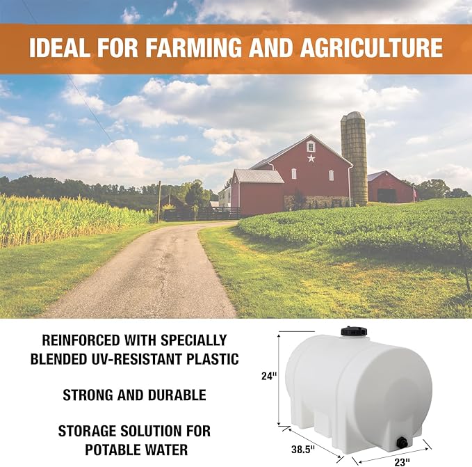 RomoTech 60 Gallon Polyethylene Storage Tank with Legs–Heavy-Duty Horizontal Water Storage Tank for Farms, Industrial or Chemical Use–UV-Resistant, Rustproof, BPA-Free Plastic Liquid Tank, 82123939
