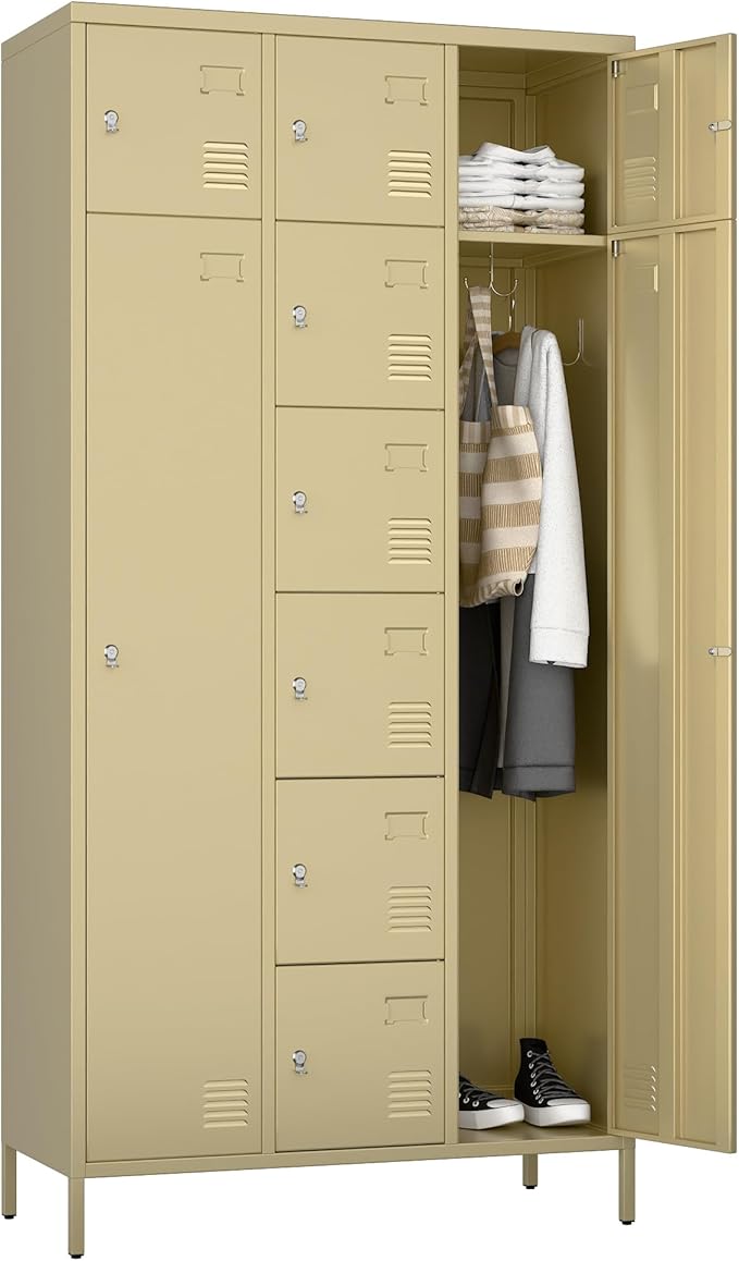 Metal Lockers for Employees with 10 Doors, 72" H Steel Lockable Storage Lockers with 6 Hooks and 10 Card Holder for Office, Home, Gym, School, Employees, Camel