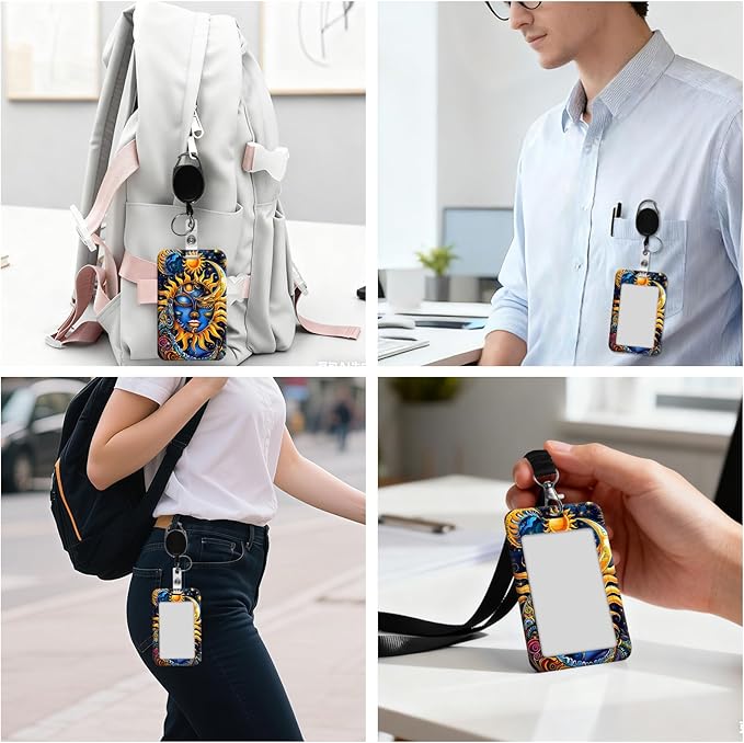 ID Badge Holder with Retractable Lanyard for Women & Men,Vertical ID Card Holder Wallet,Clear Window&Card Slot,Detachable Neck Strap for Nurse Teacher Office,Sun Moon Star