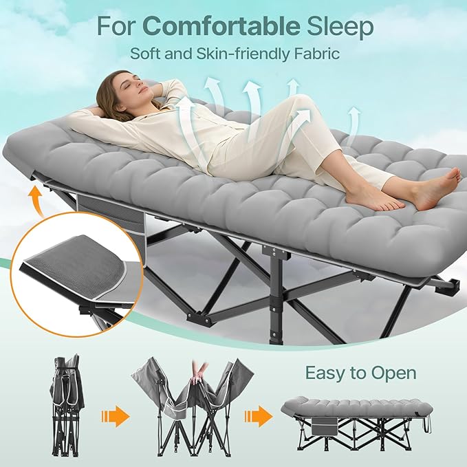 Suteck 32In XXL Folding Camping Cot, 900LBS Heavy Duty Sleeping Cot with Pillow Mattress, 1200D Double-Layer Oxford Portable Cot for Adults with Carry Bag for Home Office Nap Beach Travel