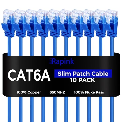 Rapink Patch Cables Cat6a 0.5ft (10 Pack) Slim, Cat6a Ethernet Patch Cable 10G Support, Snagless Cat 6 Patch Cable for Patch Panel to Switch, Flexiable Cat 6a Ethernet Cable with Gold Plated