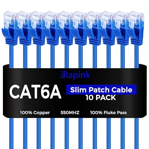 Rapink Patch Cables Cat6a 10ft (10 Pack) Slim, Cat6a Ethernet Patch Cable 10G Support, Snagless Cat 6 Patch Cable for Patch Panel to Switch, Flexiable Cat 6a Ethernet Cable with Gold Plated