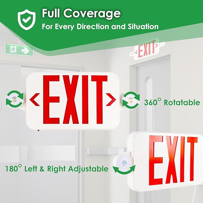 Gruenlich LED Exit Sign Combo with Emergency Lights, Adjustable Heads and Double Sided, Battery Backup, UL 924 Qualified, AC 120-277V, Commercial Emergency Exit Light for Business- 4 Pack