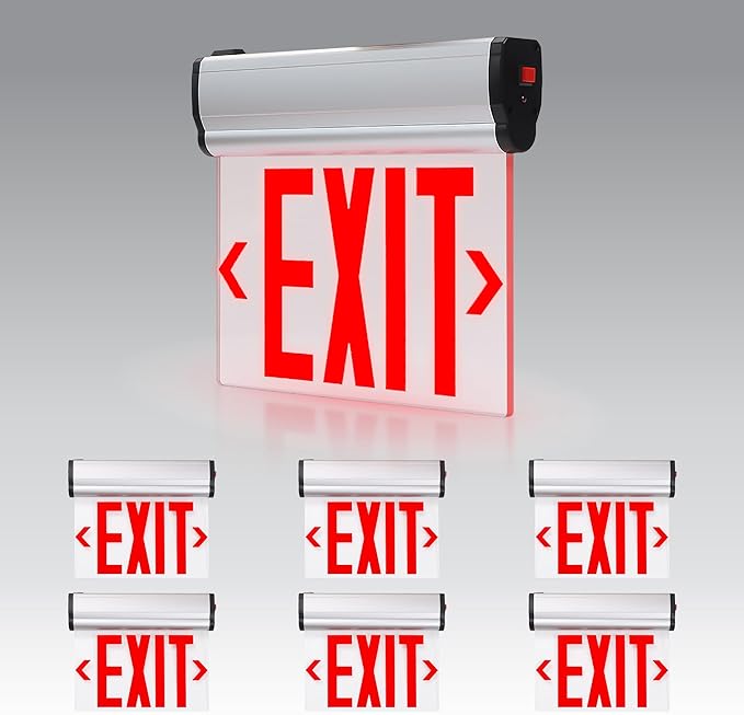 ASD LED Exit Sign with Battery Backup - 120/277V UL 3W Transparent Rotatable Emergency Exit Light for Business, Commercial Hardwired Damp Location Power Outage Lights, Red, 6 Pack