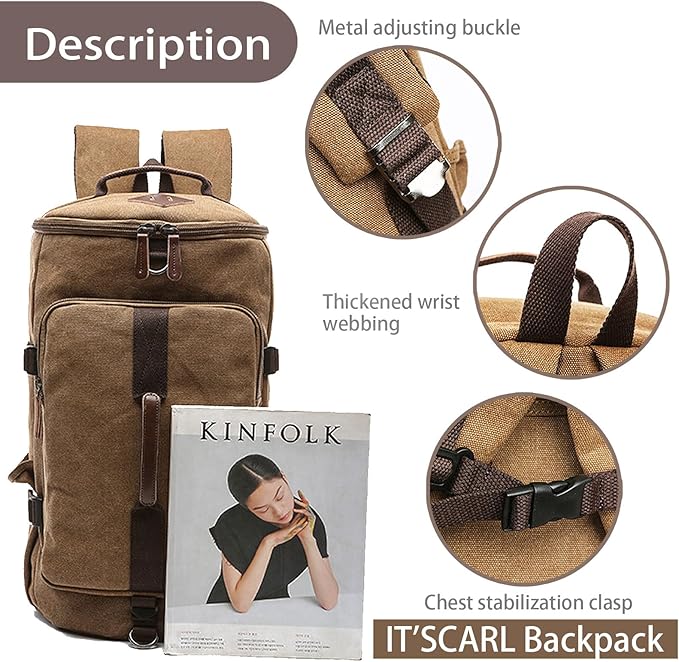 IT'SCARL Large backpack for men,Travel backpack,Carry on, Canvas big bag,Work back pack(khaki)