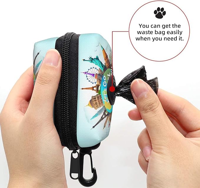 Let's go Travel Around the World Pattern Dog Poop Bag Holder for Leash Dogs Waste Bags with Carabiner Clip Pet Waste Bag for Outdoor Puppy Walking and Travel