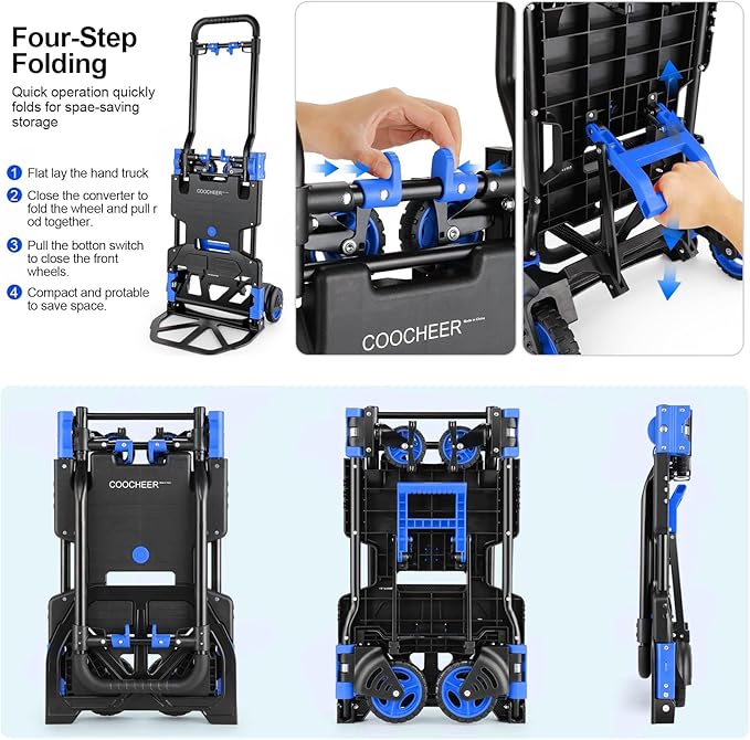 2-in-1 Folding Hand Truck Dolly 330LB Load Carrying, Hand Truck Foldable Dolly with Retractable Handle and 4 Rubber Wheels, Portable Folding Hand Cart for Moving/Travel/Office(Blue)