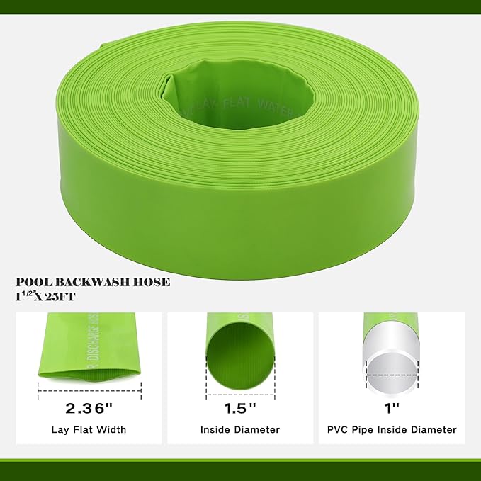Eastrans 1-1/2'' x 25 FT Pool Backwash Hose with 2 Hose Clamps,Extra Heavy Duty Discharge Hose,Drain Hose for Swimming Pool,Super wear-resistant,weather blast,green
