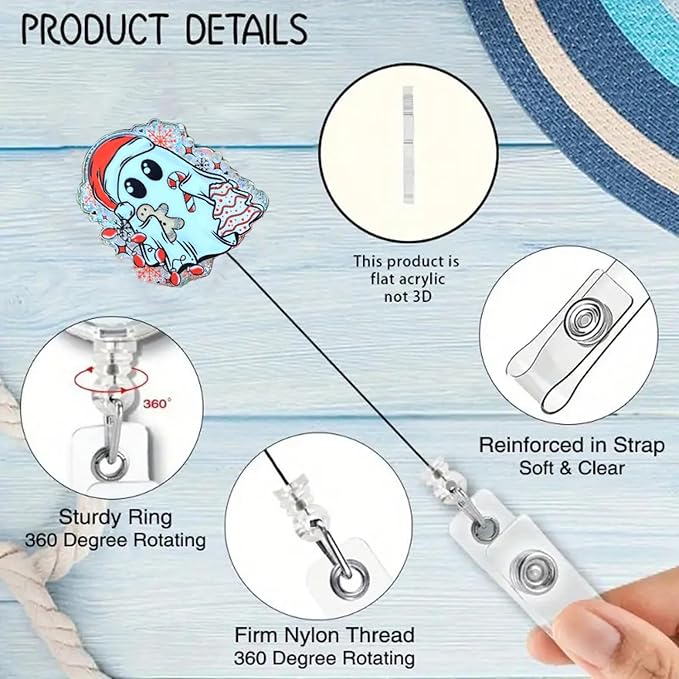 Christmas Gingerbread Man Ghost Badge Reel, Nurse Doctor Badge Clip with Retractable & 24” Durable Nylon Cord Cute Gifts for RN CNA LPN Medical Worker Teacher Student Name Tag Decor