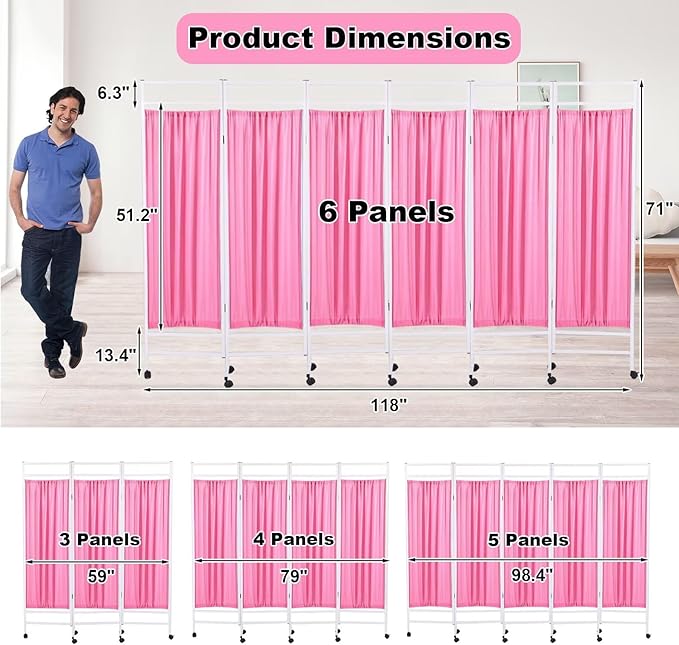 Medical Privacy Screen on Wheels, Foldable Medical Room Divider with Lockable casters, Waterproof Nylon Panel, Portable Privacy Screen for Room, Easy to Clean (Pink 5 Panels)