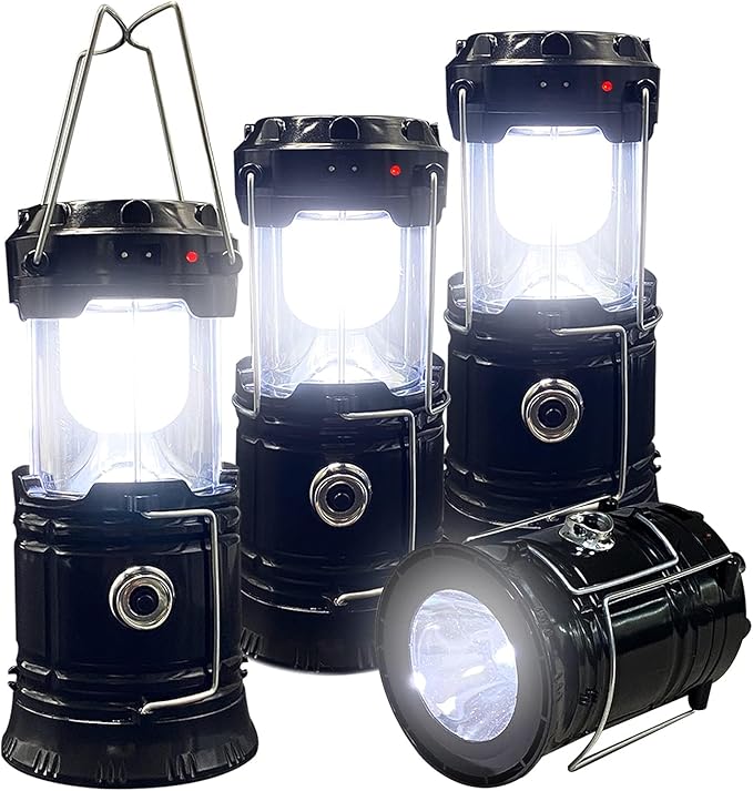 Collapsible Portable LED Camping Lantern Lightweight Waterproof Solar USB Rechargeable LED Flashlight Survival Kits for Indoor Outdoor Home Emergency Light Power Outages 4-Pack