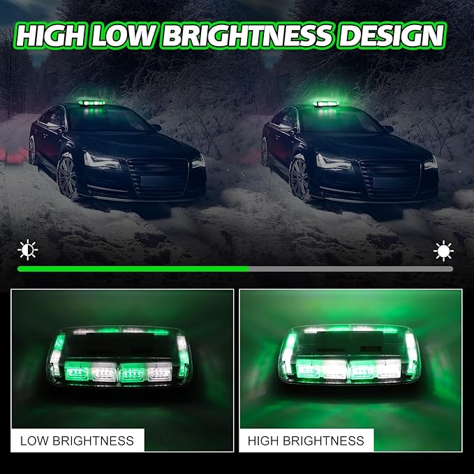 Rechargeable Strobe Light Wireless Battery, High Low Brightness, 17 Flashing Mode, 48pcs Led, Beacon Roof Top Hazard Flash Warning Lights for Vehicles Trucks Snow Plows Postal Mail UTV, White Green