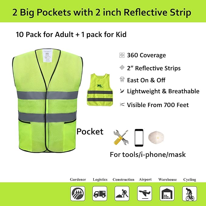 Safety Vests 10 Pack with Pockets,High Visibility Reflective Construction ANSI Class 2 Yellow Work Vests for Men,Woman,Hi Vis and Neon Mesh
